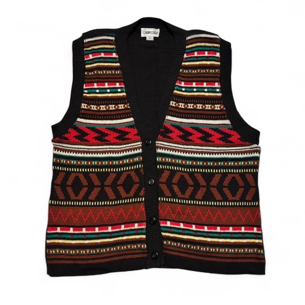 Vintage Aztec Sweater Vest Women's Large Cabin Creek Red Black Brown USA Made